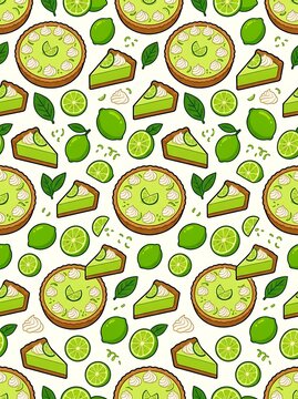 Seamless pattern of key lime pie slices and fresh lime fruit