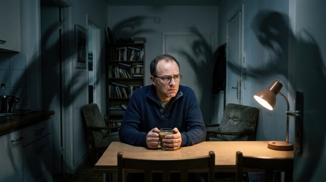 A middle-aged man sits at a wooden table in a dimly lit room. He holds a cup in his hands and stares intently into the distance.