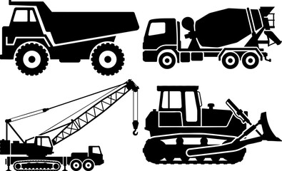 Fototapeta premium Heavy construction machinery and vehicles black silhouettes set