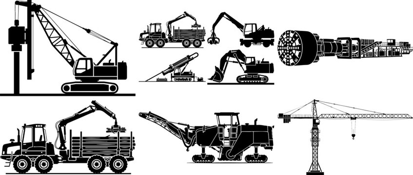 Set of heavy construction machinery and industrial silhouettes