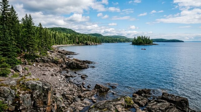 A picturesque view of a rocky coastline meeting a calm, blue lake. A dense forest of evergreen trees lines the shore, and a small island sits in the distance.