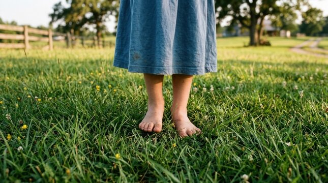 A young girl stands barefoot in a grassy field. She wears a long, blue dress.