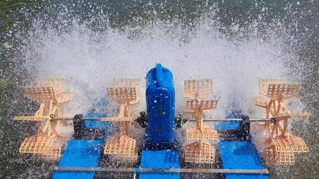 Close-up of paddle wheel aerator splashing water in a freshwater fish pond. Aquaculture oxygenation system creating spray and water circulation for fish farming