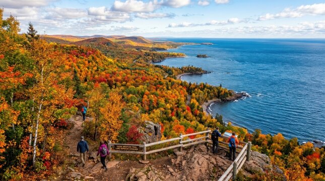 Several hikers explore a scenic overlook along a trail. They are walking along a rocky path with vibrant autumn foliage in the background.