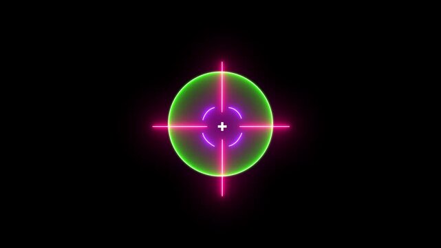 Bright neon light target icon animation. Animation. Crosshair, gun sight, sniper target. Military radar tracking target or sniper scope sight, focusing screen interface of modern digital camera