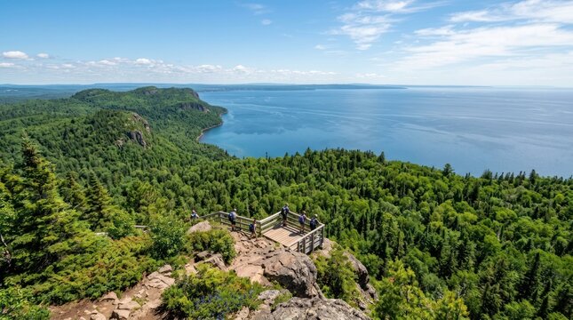 A panoramic view showcases a scenic overlook atop a forested hill, offering a breathtaking vista of Lake Superior. Several people are enjoying the view from the wooden railing.