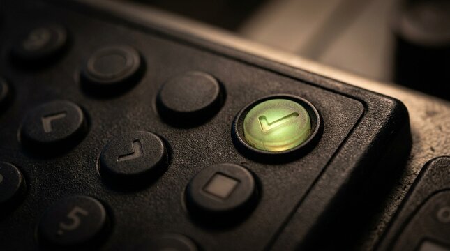 Pump programming keypad shown in close detail with a single illuminated confirm button &ndash; hospital nursing stock photo for healthcare, medical technology and patient care documentation