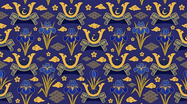Japanese kabuto helmet and iris flower seamless pattern