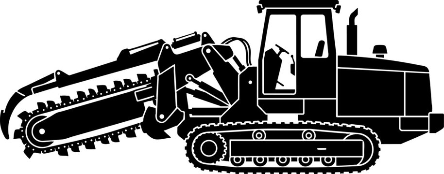 Heavy duty chain trencher machine silhouette isolated on white