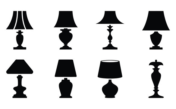 Collection of eight diverse silhouette desk lamps with various base and shade designs