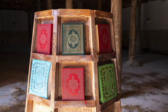 Qurans displayed at Juma Mosque in Khiva, Uzbekistan, showcasing Islamic literature and cultural heritage of the region