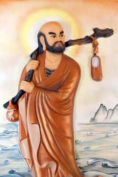 Bodhidharma figure at Vinh Trang Pagoda in My Tho, Tien Giang, Vietnam showcasing Buddhist art and culture