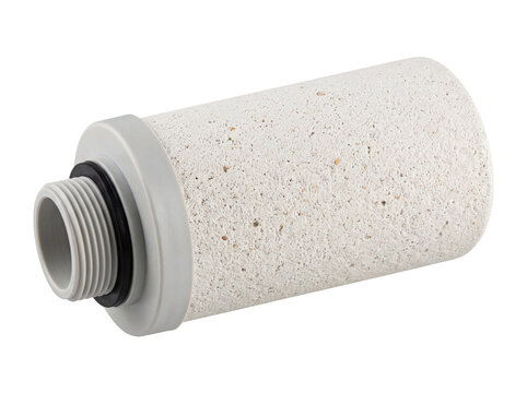 Ceramic water filter cartridge replacement cylinder element with threaded plastic connector, purifies drinking water for home filtration system appliance, clean maintenance spare part black background