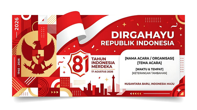 Festive Red and White Banner Template Celebrating 81 Years of National Independence with Traditional Indonesian Emblems and Modern Geometric Decorative Patterns
