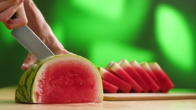 Man cutting watermelon - cut piece with knife. Young watermelons Citrullus lanatus. Topic - melons and gourds, farmer cultivation of watermelons