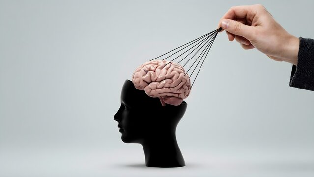 A conceptual image of a human hand using a head massager tool to lift a brain out of a black mannequin head silhouette against a grey background