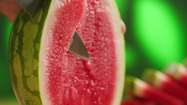 Man cutting watermelon - cut piece with knife. Young watermelons Citrullus lanatus. Topic - melons and gourds, farmer cultivation of watermelons