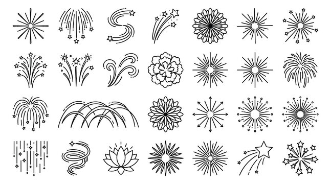 Firework display icons with festive floral sparkle and arch shapes vector illustration set isolated