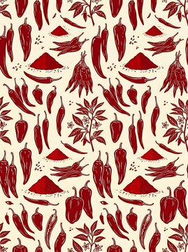 Vintage hand drawn chili pepper and spice pattern on cream