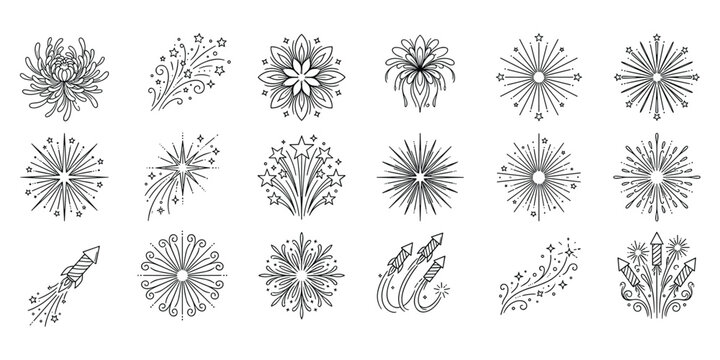 Firework rocket line icons for festive party celebration and holiday event vector illustration set