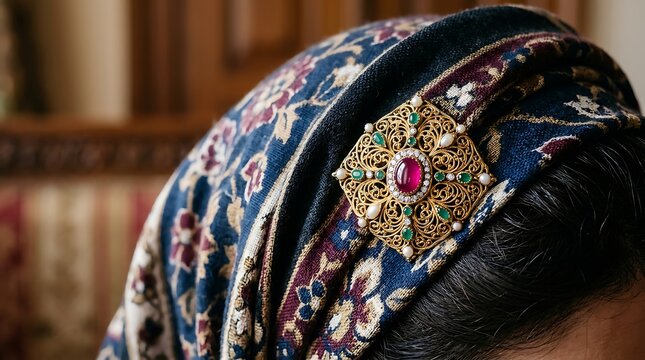 Ornate gold brooch with gemstones on a blue patterned headscarf