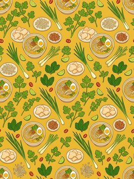 Colorful asian noodle soup and fresh ingredients repeating pattern