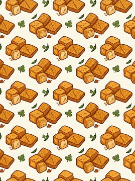 Seamless pattern of fried tofu and tempeh with chili and herbs