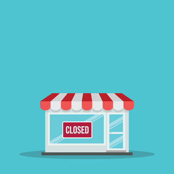 Small Business Store Closed Sign on Shop Front Flat Vector Illustration