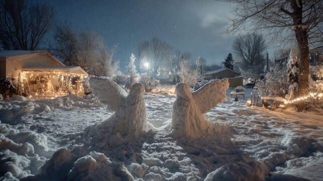 beautiful snow angels in yard at a holiday party,