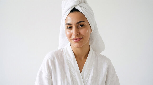 Middle Eastern Woman Wearing a Spa Towel with Hydrated Luminous Skin