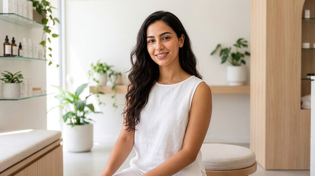 Relaxed Middle Eastern Woman in Sleeveless Top for Lifestyle Skincare Portrait