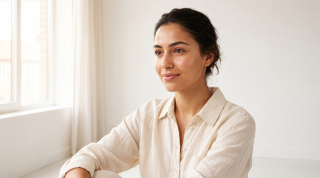 Calm Middle Eastern Woman Gazing Toward Bright Window Light