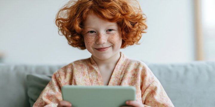 Smiling freckled redhead child holding tablet on sofa portrait for kids education background and digital learning banner for family projects