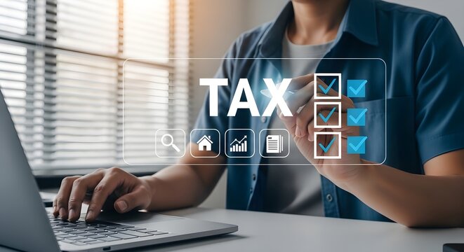 Business professional filing annual tax return online. Accountant reviewing financial documents and digital tax forms on laptop.