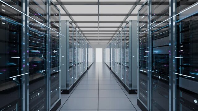 Computer server room in data center center corridor, representing cloud computing network infrastructure, big data storage hosting, cyber security mainframes server equipment