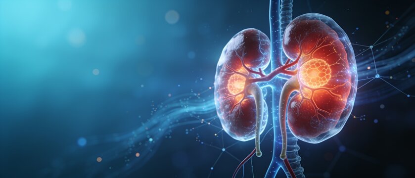 Medical illustration of human kidneys with blood flow and vascular system in vibrant 3D design