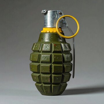 A segmented, olive-drab fragmentation grenade with a yellow band and metal lever