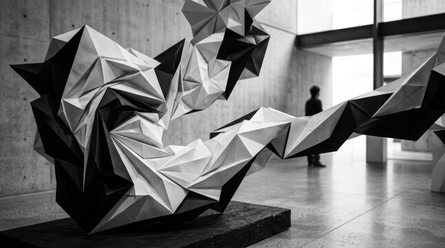 Abstract geometric sculpture displayed in modern architecture hall