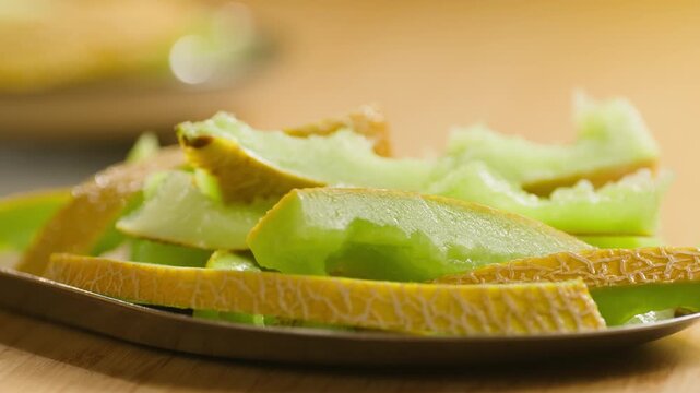 Melon close up, man cutting Watercolor of a whole melon and slice, summer juicy fruit