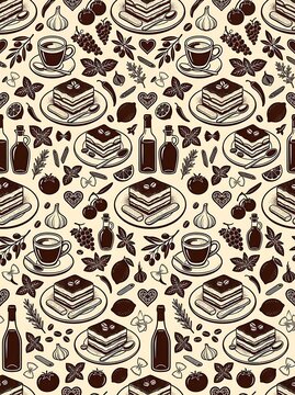 Vintage style italian food and dessert seamless background