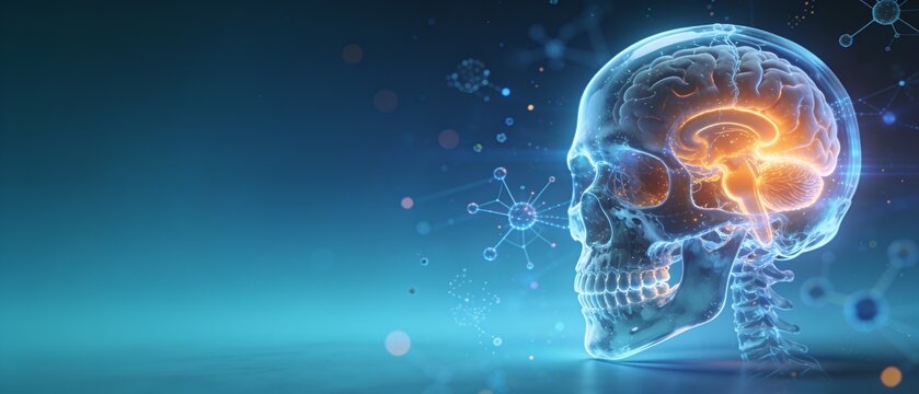 Futuristic brain illustration with glowing neural pathways on digital blue background
