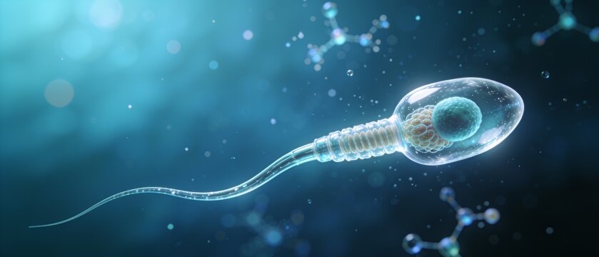 Detailed 3D illustration of a microscopic sperm cell swimming through a fluid environment