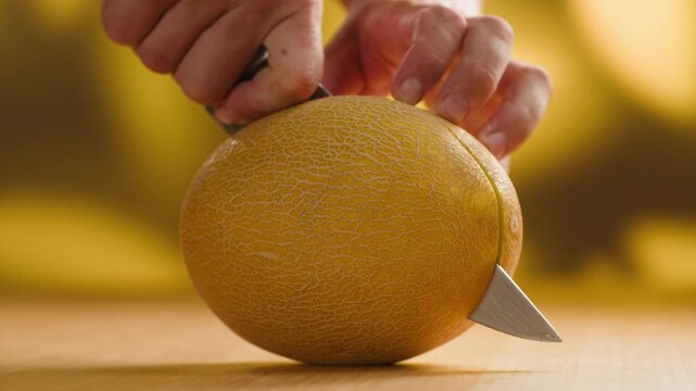 Melon close up, man cutting Watercolor of a whole melon and slice, summer juicy fruit
