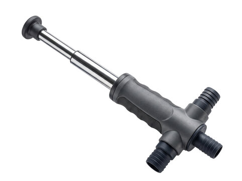 Manual hand bilge water pump with chrome piston shaft and ergonomic plastic handle grip for marine kayak boat drainage and siphoning utility, isolated on white background high angle studio shot
