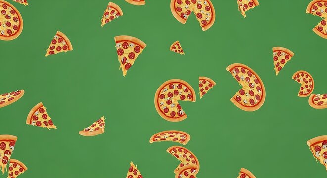 A vibrant green background with scattered slices of pizza