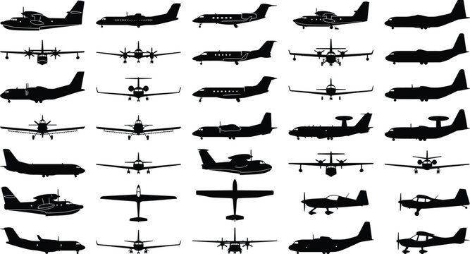 Civil and Commercial Aircraft Black Silhouette Icon Set with Airplanes, Aviation and Transport Collection