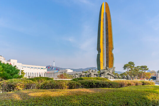 View of the War Memorial of Korea on a sunny day with clear skies in Yongsan District in Seoul, South Korea