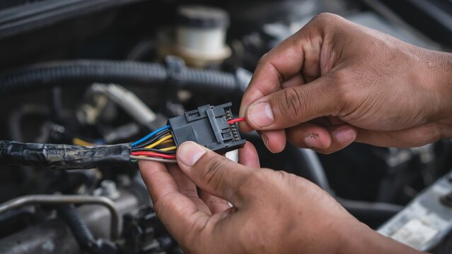 Closeup of a mechanics hands repairing a car electrical wiring connector