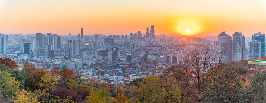 Sunset view of Seoul skyline from N Seoul Tower during autumn in Yongsan District in South Korea