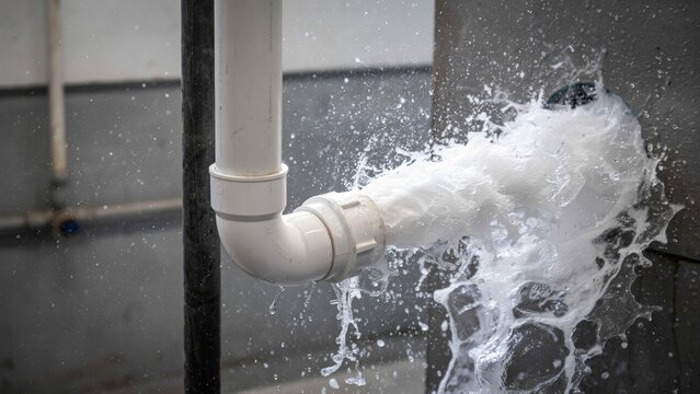 Water leaking from a broken pvc pipe joint in an industrial setting